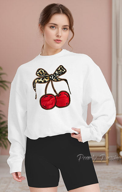 Leopard Bow Cherries Print Sweatshirt Black