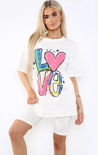 LOVE Slogan Print Two Piece Set