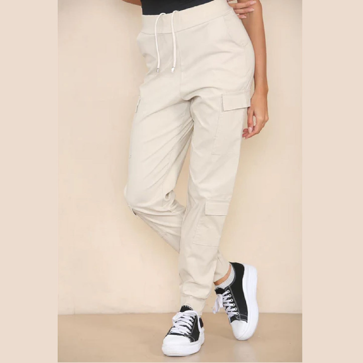 Side pockets Cargo Combat Stretch Casual Trousers Pants Black