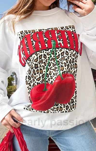 Leopard Cherries Print Sweatshirt White