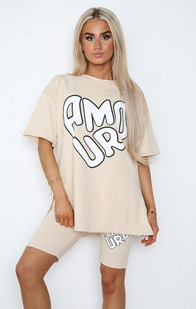 AMOUR Slogan Print Cycling Short & Side Slit T-Shirt Set